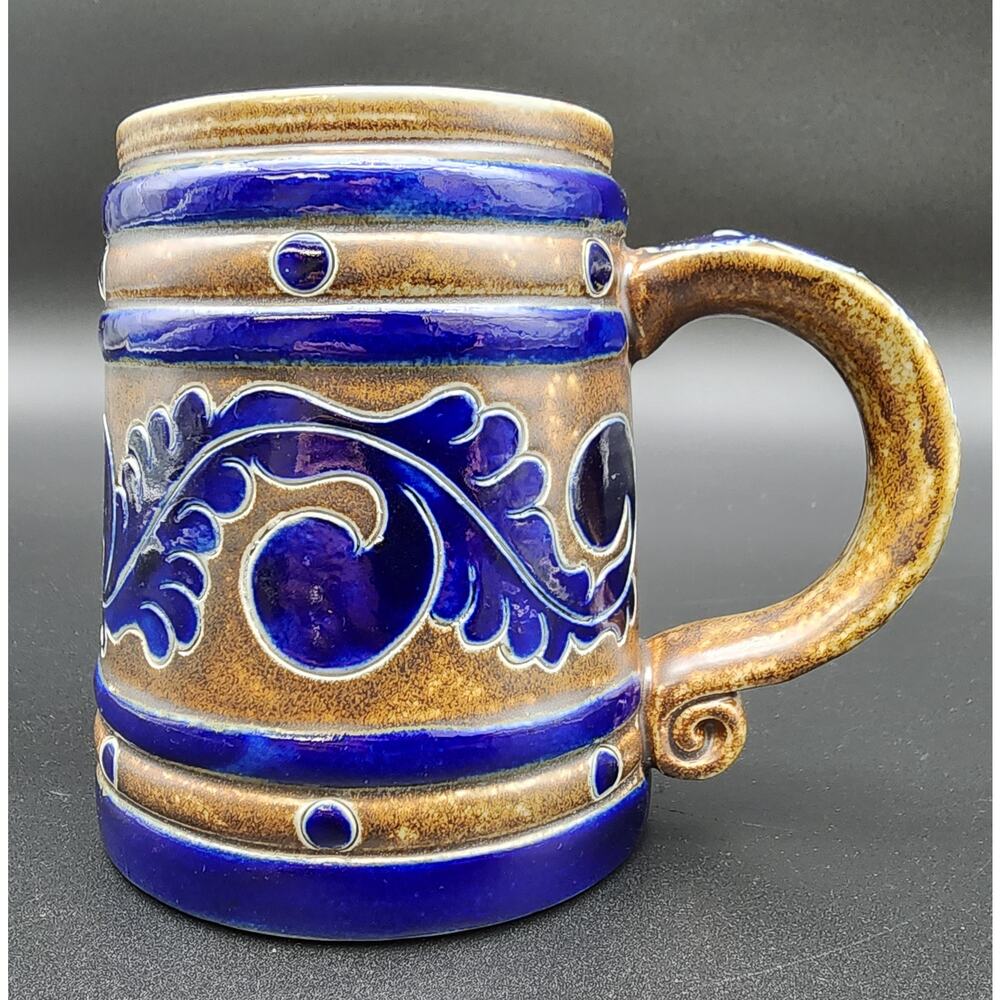 Vintage Goebel Merkelbach Stoneware Mug Cobalt Blue Salt Glaze Raised Design